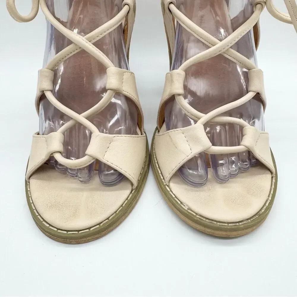 UO Silence + Noise Sofia Lace Up Ankle Tie‎ Heel Sandals Cream Size 9 Boho Glam